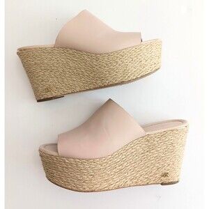 Michael Kors Cunningham Platform Wedge Lt Pink Leather Jute Logo  Heel 9.5M
